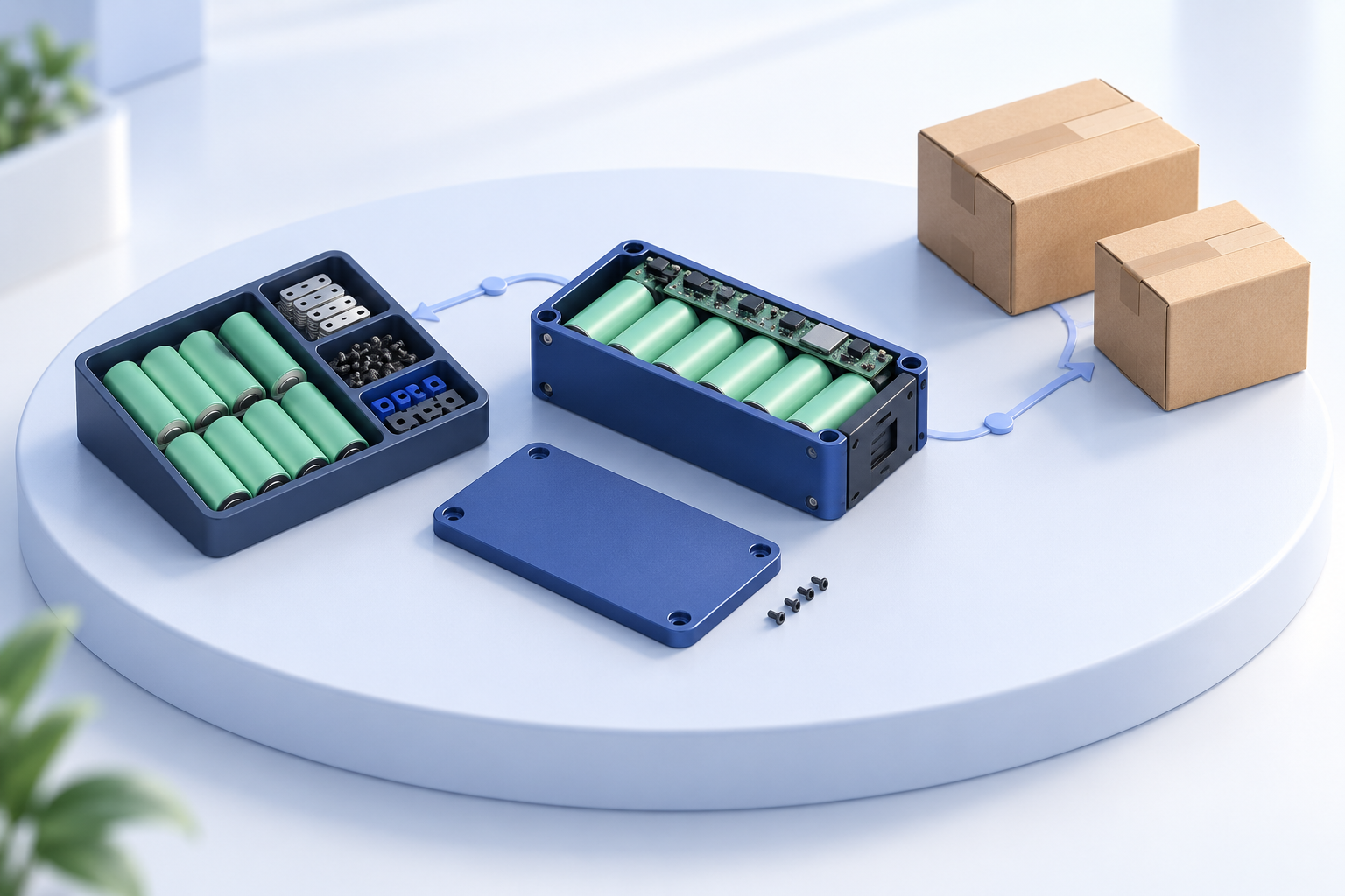 Illustration of battery cells, a circuit board and a finished pack arranged on an assembly workspace