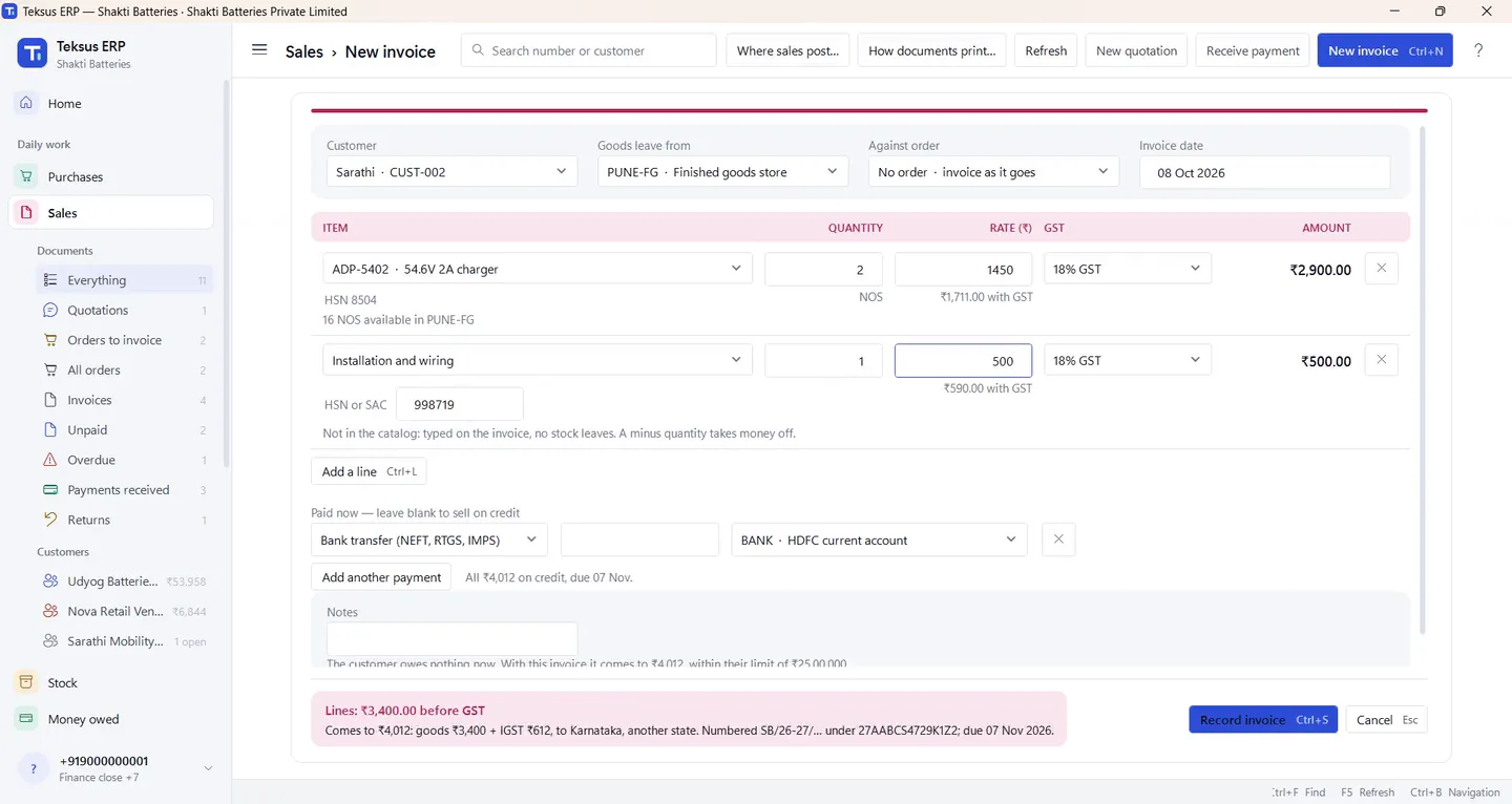 A tax invoice being made in Teksus ERP, with GST worked out