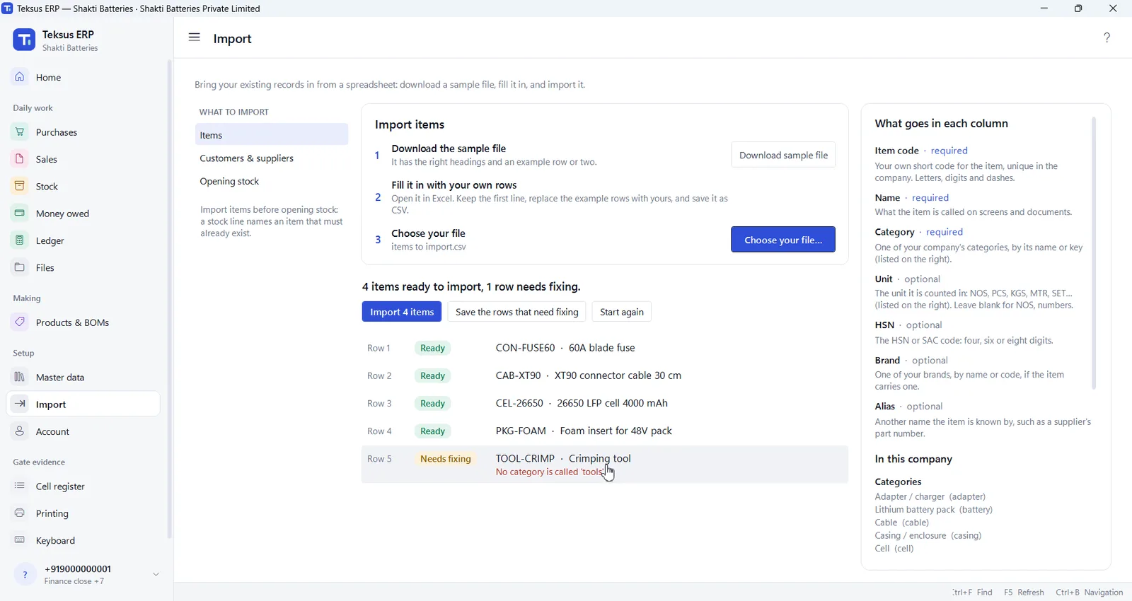 The Import screen previewing rows from a spreadsheet before importing them