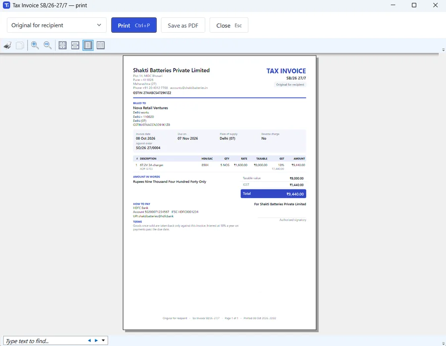 A printed tax invoice preview with the company details, lines, GST and total